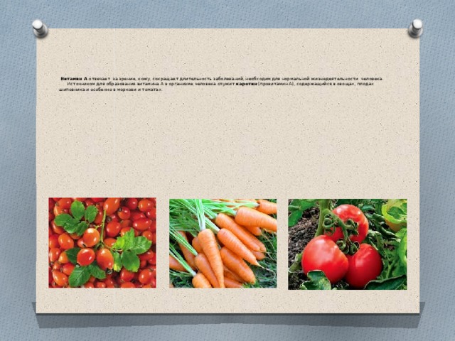        Витамин А отвечает за зрение, кожу, сокращает длительность заболеваний, необходим для нормальной жизнедеятельности человека.   Источником для образования витамина А в организме человека служит каротин (провитамин А), содержащийся в овощах, плодах шиповника и особенно в моркови и томатах.   