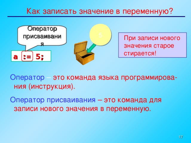 Как записать значение в переменную? 5 Оператор присваивания  При записи нового  значения старое  стирается! a := 5; Оператор – это команда языка программирова-ния (инструкция). Оператор присваивания – это команда для записи нового значения в переменную.   