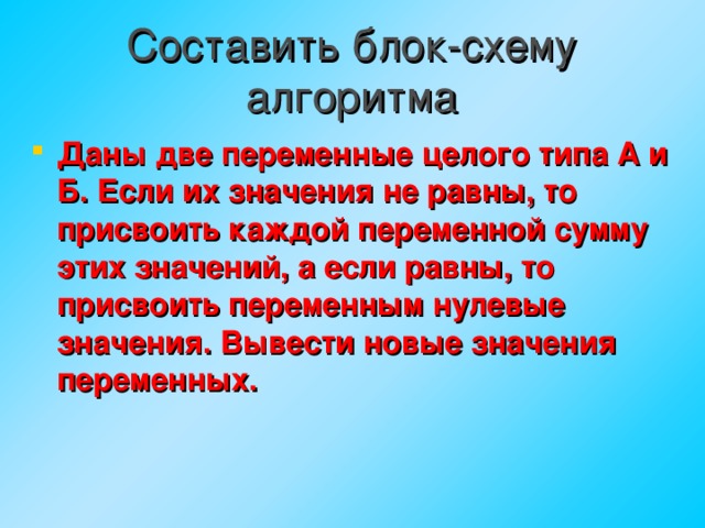 Составить блок-схему алгоритма Даны две переменные целого типа А и Б. Если их значения не равны, то присвоить каждой переменной сумму этих значений, а если равны, то присвоить переменным нулевые значения. Вывести новые значения переменных. 