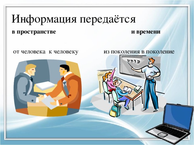 Информация передаётся  в пространстве  и времени  от человека к человеку  из поколения в поколение 