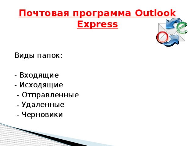Почтовая программа Outlook Express Виды папок: - Входящие - Исходящие  - Отправленные  - Удаленные  - Черновики 