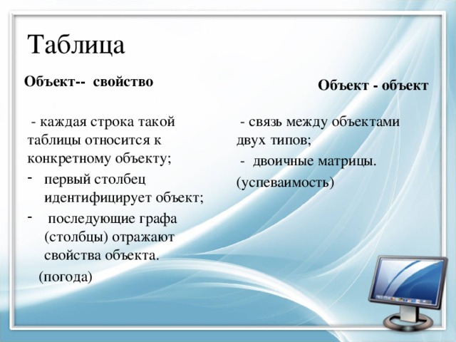 Таблица Объект-- свойство Объект - объект  - каждая строка такой таблицы относится к конкретному объекту;  - связь между объектами двух типов; первый столбец идентифицирует объект;  последующие графа (столбцы) отражают свойства объекта.  - двоичные матрицы.  (погода) (успеваимость) 