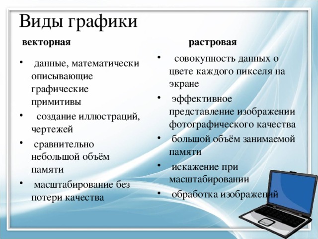 Файлы графики несут информацию о цвете каждого пикселя изображения какой