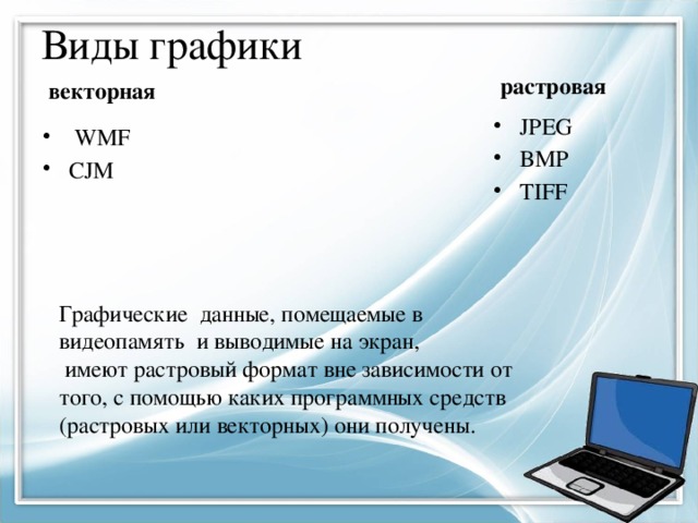 Виды графики  растровая  векторная Jpeg Bmp tiff  wmf cjm Графические данные, помещаемые в видеопамять и выводимые на экран,  имеют растровый формат вне зависимости от того, с помощью каких программных средств (растровых или векторных) они получены. 