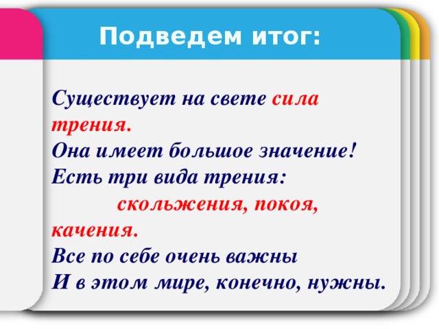 Подведем итог: Существует на свете сила трения. Она имеет большое значение! Есть три вида трения:  скольжения, покоя, качения. Все по себе очень важны И в этом мире, конечно, нужны.    