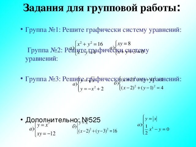 Задания для групповой работы : Группа №1: Решите графически систему уравнений:   Группа №2: Решите графически систему уравнений: Группа №3: Решите графически систему уравнений:  Дополнительно: №525 