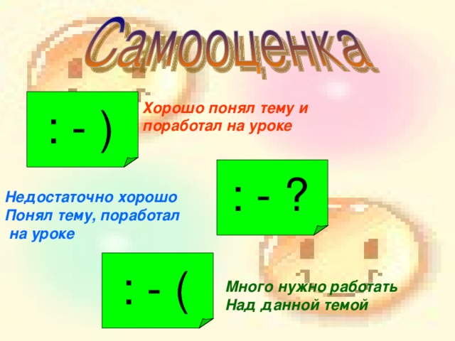 : - )  Хорошо понял тему и поработал на уроке : - ?  Недостаточно хорошо Понял тему, поработал  на уроке : - (  Много нужно работать Над данной темой 