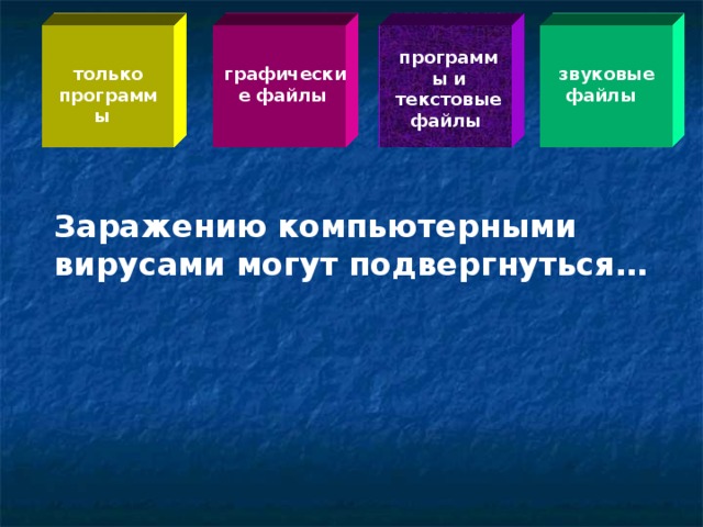 программы и текстовые файлы  только программы   графические файлы  звуковые файлы   Заражению компьютерными вирусами могут подвергнуться…  