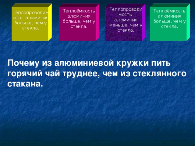 Теплопроводимость алюминия меньше, чем у стекла. Теплоёмкость алюминия больше, чем у стекла. Теплоёмкость алюминия больше, чем у стекла. Теплопроводимость алюминия больше, чем у стекла. Почему из алюминиевой кружки пить горячий чай труднее, чем из стеклянного стакана.  