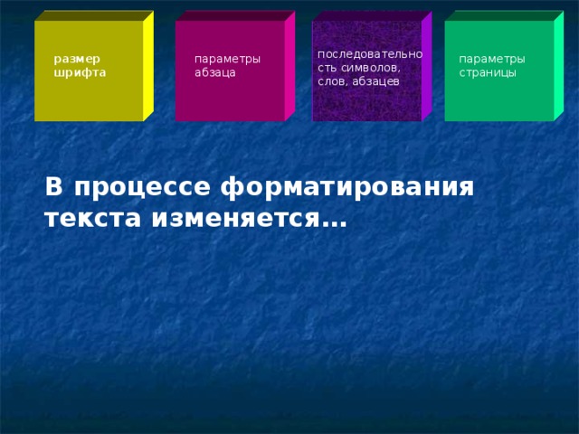 последовательность символов, слов, абзацев размер шрифта  параметры абзаца параметры страницы В процессе форматирования текста изменяется…  