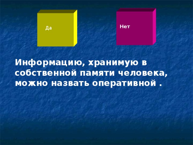 Нет Да Информацию, хранимую в собственной памяти человека, можно назвать оперативной .   
