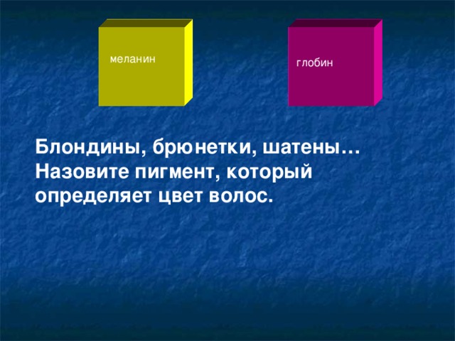 меланин глобин Блондины, брюнетки, шатены… Назовите пигмент, который определяет цвет волос.  