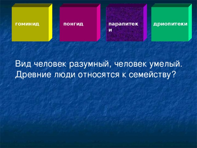 гоминид понгид парапитеки дриопитеки Вид человек разумный, человек умелый. Древние люди относятся к семейству?  