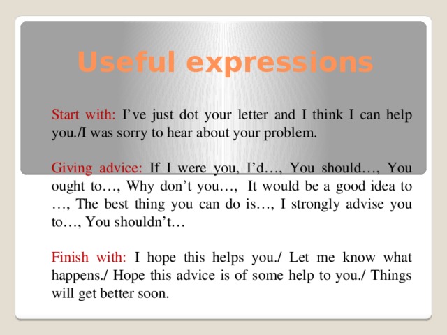 Useful expressions Start with: I’ve just dot your letter and I think I can help you./I was sorry to hear about your problem. Giving advice: If I were you, I’d…, You should…, You ought to…, Why don’t you…, It would be a good idea to …, The best thing you can do is…, I strongly advise you to…, You shouldn’t… Finish with: I hope this helps you./ Let me know what happens./ Hope this advice is of some help to you./ Things will get better soon. 