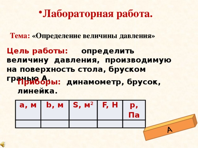 А Лабораторная работа. Тема: «Определение величины давления» Цель работы: определить величину давления, производимую на поверхность стола, бруском гранью А. Приборы: динамометр, брусок, линейка. a, м b, м S, м 2 F, H p, Па 