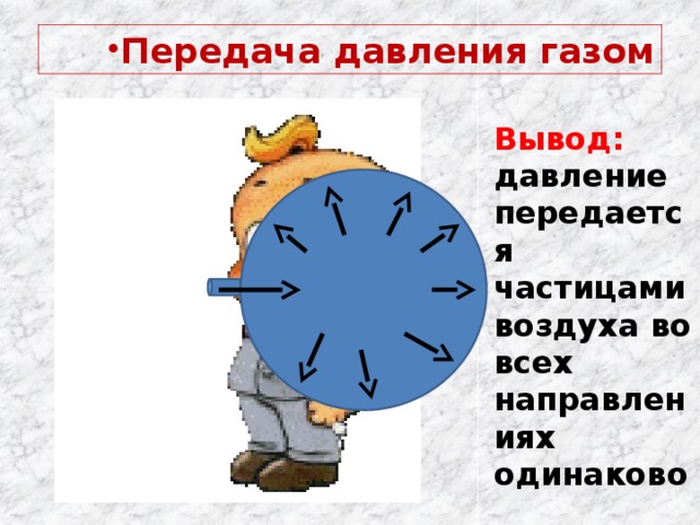 Передача давления газом Вывод: давление передается частицами воздуха во всех направлениях одинаково 