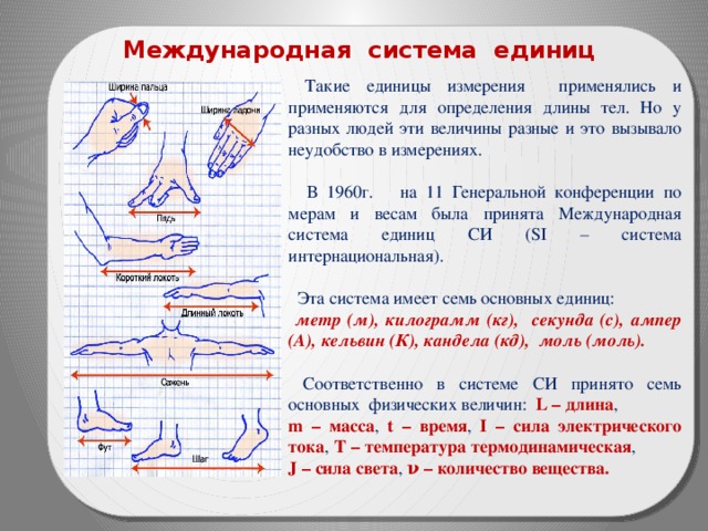 Международная система единиц   Такие единицы измерения применялись и применяются для определения длины тел. Но у разных людей эти величины разные и это вызывало неудобство в измерениях.  В 1960г. на 11 Генеральной конференции по мерам и весам была принята Международная система единиц СИ (SI – система интернациональная).  Эта система имеет семь основных единиц:  метр (м), килограмм (кг), секунда (с), ампер (А), кельвин (К), кандела (кд), моль (моль).   Соответственно в системе СИ принято семь основных физических величин: L – длина , m – масса , t – время , I – сила электрического тока , T – температура термодинамическая , J – сила света , ν – количество вещества. 