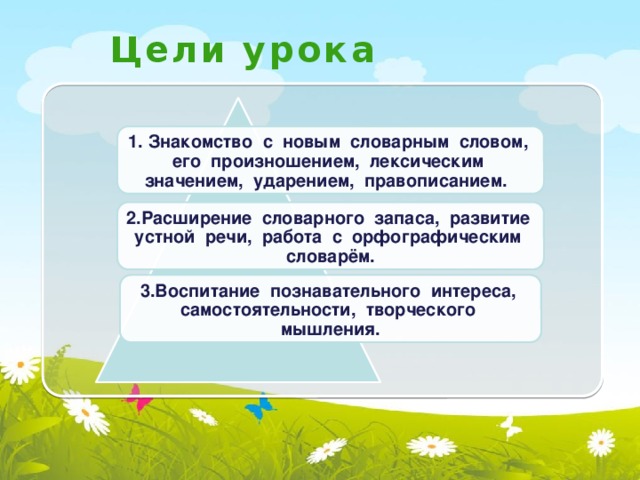 Цели урока 1. Знакомство с новым словарным словом, его произношением, лексическим значением, ударением, правописанием. 2.Расширение словарного запаса, развитие устной речи, работа с орфографическим словарём. 3.Воспитание познавательного интереса, самостоятельности, творческого мышления. 
