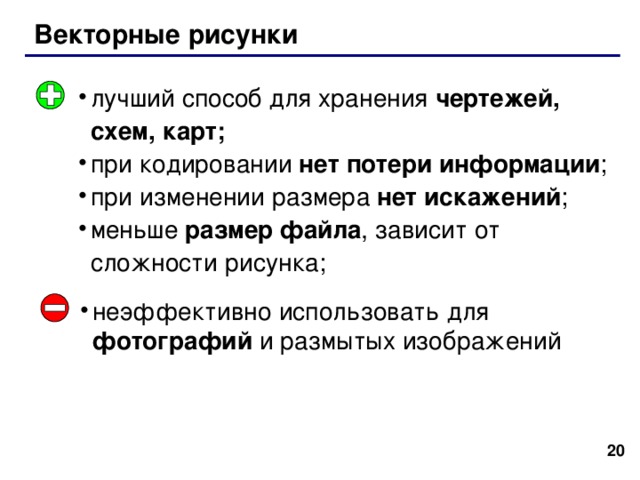 Векторные рисунки лучший способ для хранения чертежей, схем, карт ; при кодировании нет потери информации ; при изменении размера нет искажений ; меньше размер файла , зависит от сложности рисунка ; неэффективно использовать для фотографий и размытых изображений 19 20 