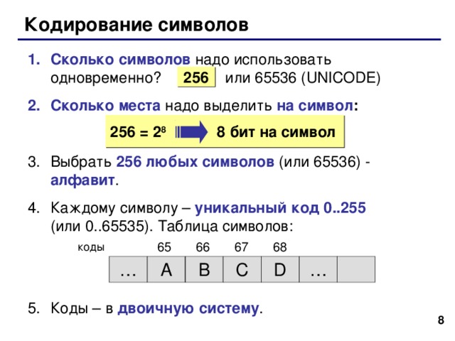 Кодирование символов Сколько символов  надо использовать одновременно?   или 65536 ( UNICODE ) Сколько места  надо выделить  на символ :  Выбрать  256 любых символов  (или 65536) - алфавит . Каждому символу –  уникальный код 0..255   (или 0..65535). Таблица символов:     Коды – в двоичную систему . 256 256 = 2 8   8 бит  на символ 65 66 67 68 … A B C D …   