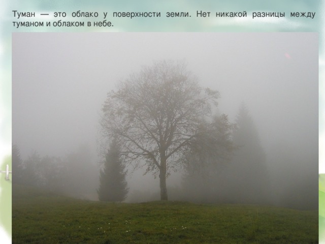 Туман — это облако у поверхности земли. Нет никакой разницы между туманом и облаком в небе. 