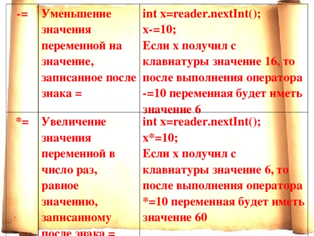 -= *= Уменьшение значения переменной на значение, записанное после знака = int х =reader.nextInt(); x-=10; Если х получил с клавиатуры значение 16, то после выполнения оператора -=10 переменная будет иметь значение 6 Увеличение значения переменной в число раз, равное значению, записанному после знака = int х =reader.nextInt(); x*=10; Если х получил с клавиатуры значение 6, то после выполнения оператора *=10 переменная будет иметь значение 60 