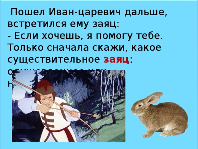  Пошел Иван-царевич дальше, встретился ему заяц: - Если хочешь, я помогу тебе. Только сначала скажи, какое существительное заяц : одушевленное или неодушевленное? 