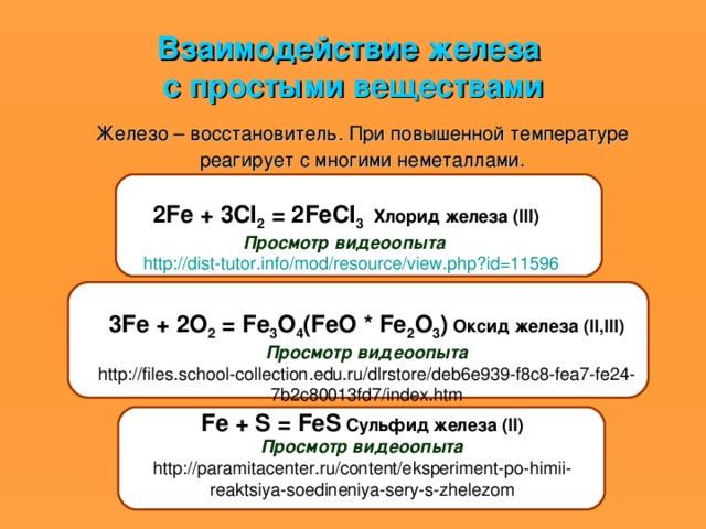 Взаимодействие железа  с простыми веществами Железо – восстановитель. При повышенной температуре реагирует с многими неметаллами. 2Fe + 3Cl 2 = 2FeCl 3  Хлорид железа (III) Просмотр видеоопыта   http :// dist-tutor.info / mod / resource /view.php?id=11596 3Fe + 2O 2 = Fe 3 O 4 (FeO * Fe 2 O 3 )  Оксид  железа (II,III) Просмотр видеоопыта http://files.school-collection.edu.ru/dlrstore/deb6e939-f8c8-fea7-fe24-7b2c80013fd7/index.htm Fe + S = FeS  Сульфид железа (II) Просмотр видеоопыта http://paramitacenter.ru/content/eksperiment-po-himii-reaktsiya-soedineniya-sery-s-zhelezom 