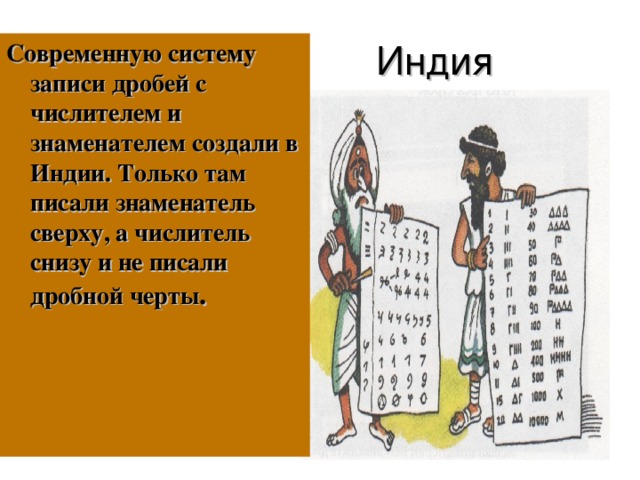 Индия Современную систему записи дробей с числителем и знаменателем создали в Индии. Только там писали знаменатель сверху, а числитель снизу и не писали дробной черты . 