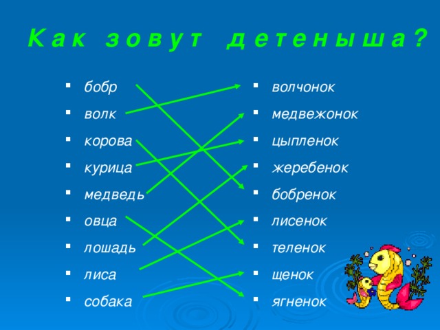 К а к з о в у т д е т е н ы ш а ?  бобр  волк  корова  курица  медведь  овца  лошадь  лиса  собака  волчонок  медвежонок  цыпленок  жеребенок  бобренок  лисенок  теленок  щенок  ягненок 