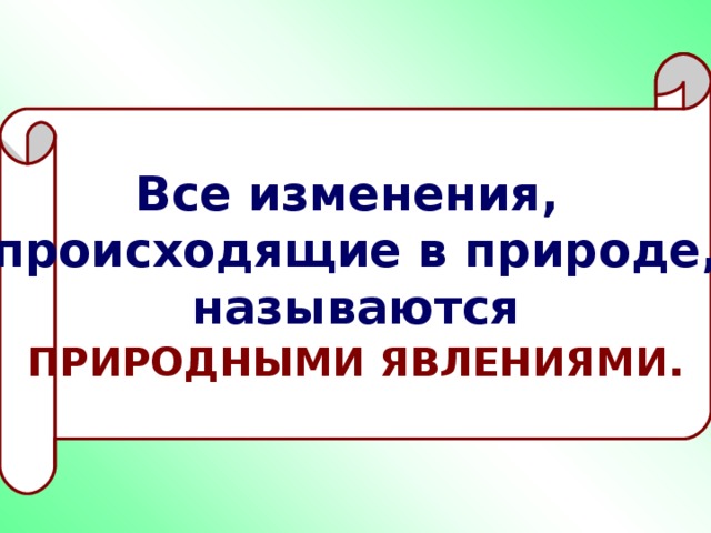 Все изменения, происходящие в природе,  называются  ПРИРОДНЫМИ ЯВЛЕНИЯМИ . 