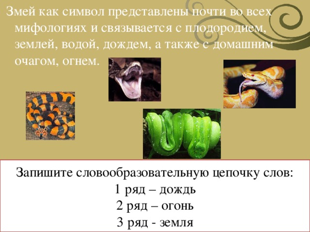  Змей как символ представлены почти во всех мифологиях и связывается с плодородием, землей, водой, дождем, а также с домашним очагом, огнем. Запишите словообразовательную цепочку слов:  1 ряд – дождь  2 ряд – огонь  3 ряд - земля 