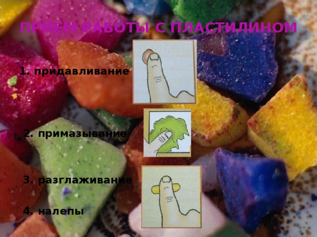 ПРИЕМ РАБОТЫ С ПЛАСТИЛИНОМ 1. придавливание     2. примазывание    3. разглаживание   4. налепы 