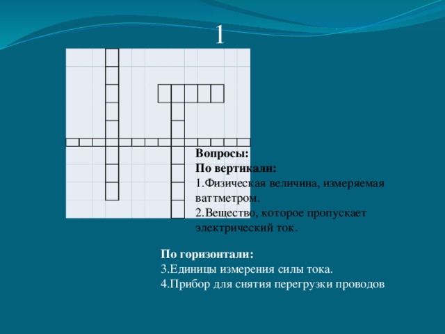 1                                                                   Вопросы: По вертикали: 1.Физическая величина, измеряемая ваттметром. 2.Вещество, которое пропускает электрический ток. По горизонтали: 3.Единицы измерения силы тока. 4.Прибор для снятия перегрузки проводов 