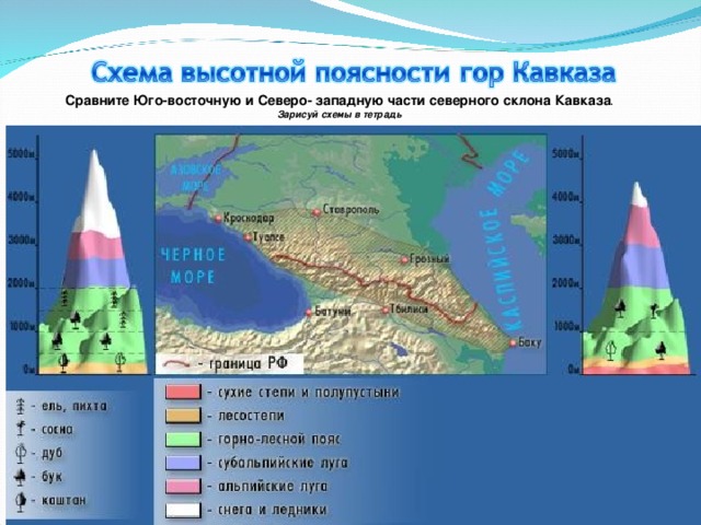 Сравните Юго-восточную и Северо- западную части северного склона Кавказа . Зарисуй схемы в тетрадь 