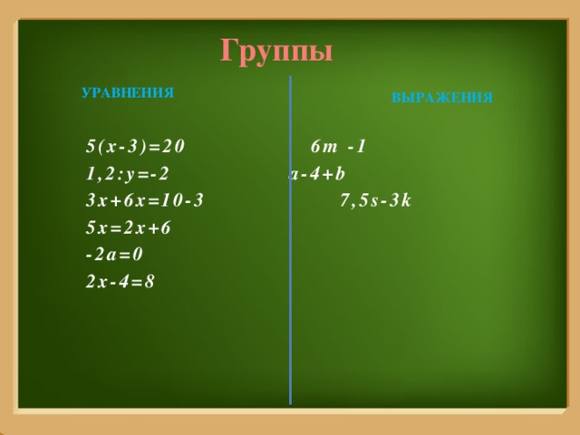 Группы       5(x-3)=20     6m -1    1,2:y=-2     a-4+b    3x+6x=10-3   7,5s-3k   5x=2x+6   -2a=0   2x-4=8     Уравнения Выражения 