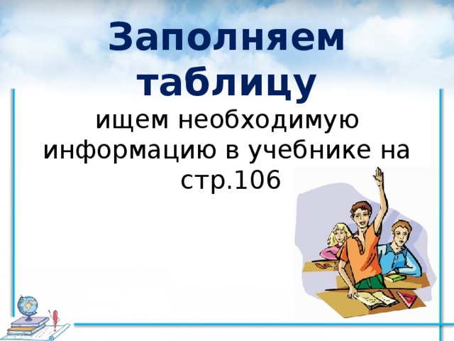 Заполняем таблицу  ищем необходимую информацию в учебнике на стр.106 