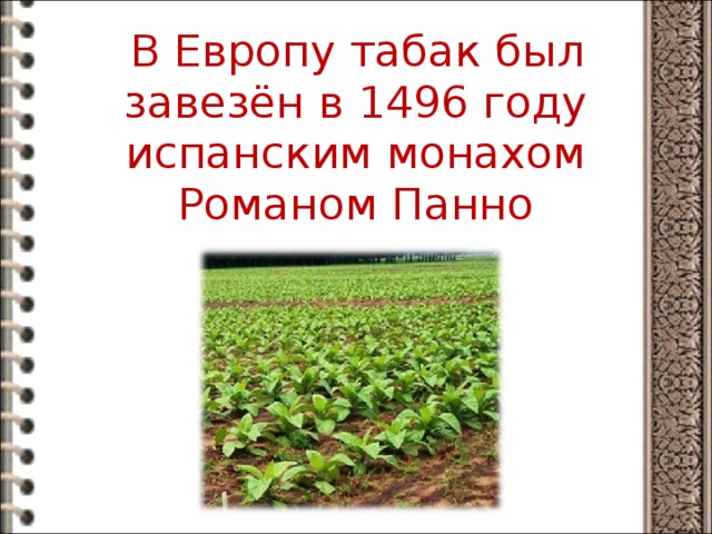  В Европу табак был завезён в 1496 году испанским монахом Романом Панно 