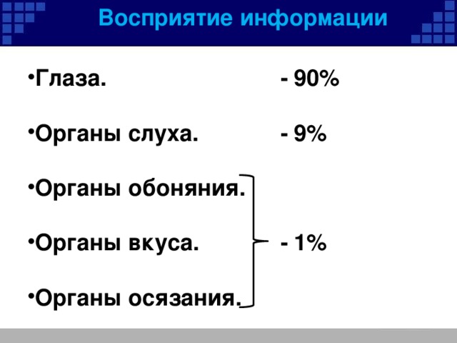 Восприятие информации  - 90% Глаза.   Органы слуха.  - 9%   Органы обоняния.     - 1% Органы вкуса.   Органы осязания.   