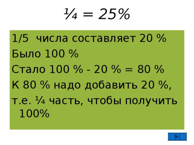 ¼ = 25%   1/5 числа составляет 20 % Было 100 % Стало 100 % - 20 % = 80 % К 80 % надо добавить 20 %, т.е. ¼ часть, чтобы получить 100% 