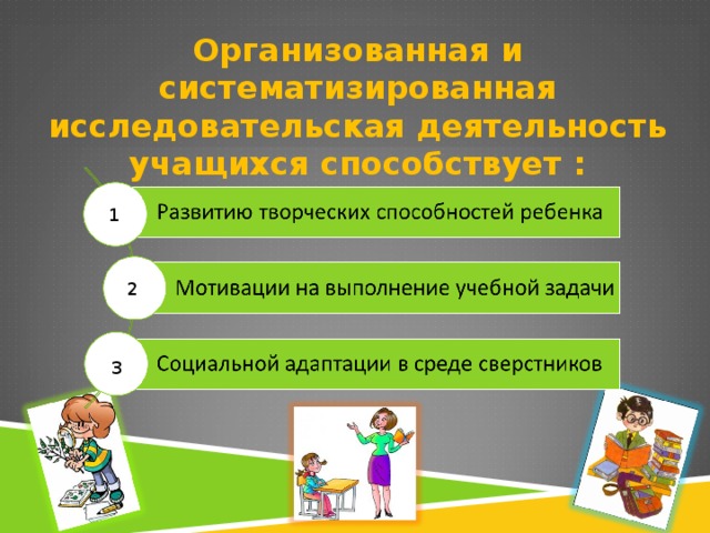 Организованная и систематизированная исследовательская деятельность учащихся способствует : 1 2 3 