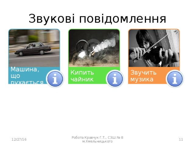 Звукові повідомлення Машина, що рухається Кипить чайник Звучить музика 12/27/16 Робота Кравчук Г.Т., СЗШ № 8 м.Хмельницького 11 