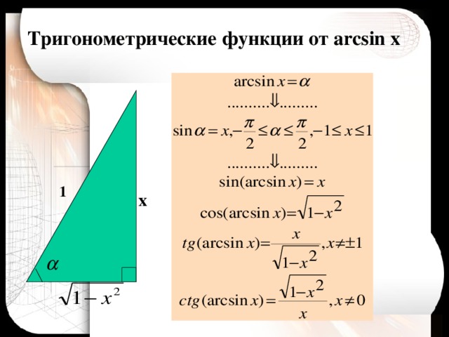 Тригонометрические функции от arcsin x 1 x 