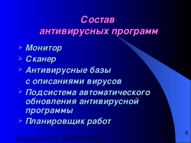 Состав  антивирусных программ Монитор Сканер Антивирусные базы  с описаниями вирусов Подсистема автоматического обновления антивирусной программы Планировщик работ  