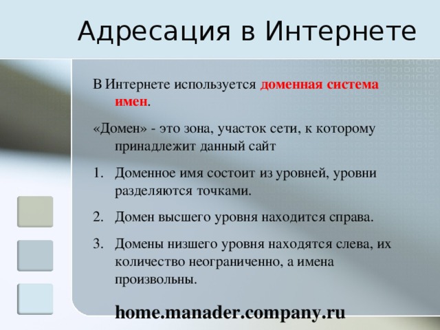 Адресация в Интернете В Интернете используется доменная система имен . «Домен» - это зона, участок сети, к которому принадлежит данный сайт Доменное имя состоит из уровней, уровни разделяются точками. Домен высшего уровня находится справа. Домены низшего уровня находятся слева, их количество неограниченно, а имена произвольны.  home.manader.company.ru 