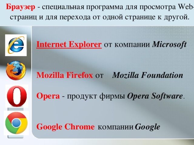 Браузер - специальная программа для просмотра Web- страниц и для перехода от одной странице к другой.  Internet Explorer  от компании Microsoft   Mozilla Firefox от  Mozilla Foundation  Opera - продукт фирмы Opera Software .   Google Chrome   компании  Google          