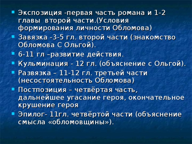 Экспозиция -первая часть романа и 1-2 главы второй части.(Условия формирования личности Обломова) Завязка -3-5 гл. второй части (знакомство Обломова С Ольгой). 6-11 гл –развитие действия. Кульминация - 12 гл. (объяснение с Ольгой). Развязка – 11-12 гл. третьей части (несостоятельность Обломова) Постпозиция – четвёртая часть, дальнейшее угасание героя, окончательное крушение героя Эпилог- 11гл. четвёртой части (объяснение смысла «обломовщины»). 