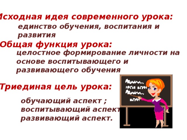 Исходная идея современного урока: единство обучения, воспитания и развития Общая функция урока: целостное формирование личности на основе воспитывающего и развивающего обучения Триединая цель урока: обучающий аспект ; воспитывающий аспект; развивающий аспект. 