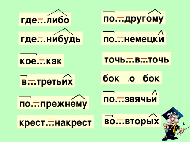по…другому где…либо по…немецки где…нибудь точь…в...точь кое…как бок…о...бок в…третьих по…заячьи по…прежнему во…вторых крест…накрест 