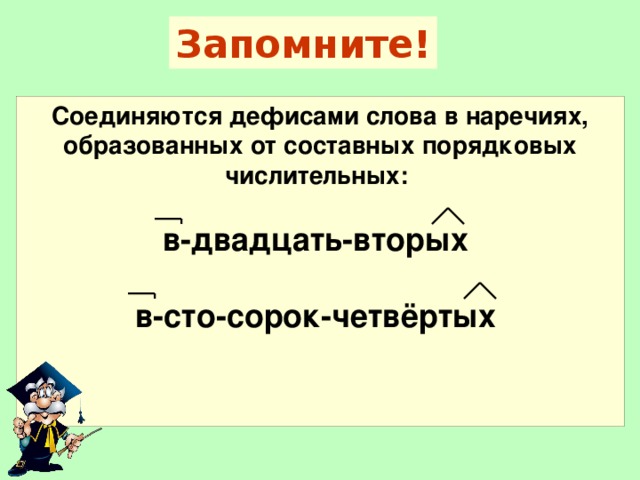 Двадцать второй. Дефис в числительных. Правописание дефиса в числительных. Наречия, образованные от составных порядковых числительных:. Порядковые числительные с дефисом.